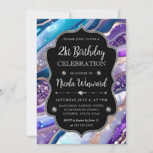 Blue and Purple Glitter Marble Agate 21st Birthday Invitation