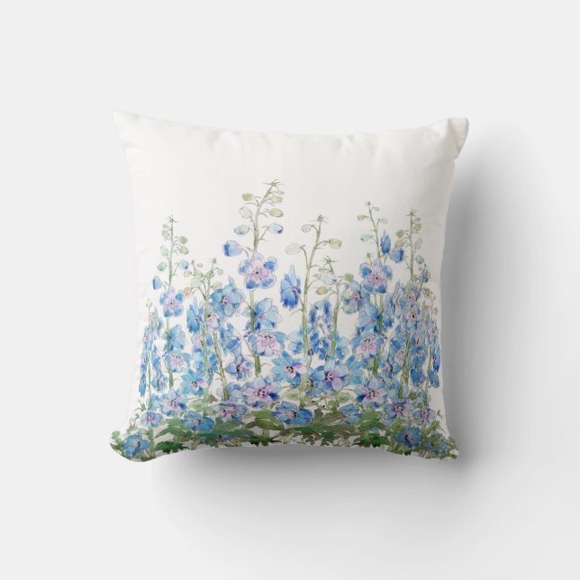 blue and purple larkspur watercolor throw pillow (Front)