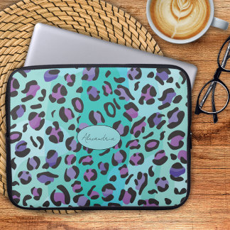 Blue and Purple Leopard Print Monogram Laptop Sleeve