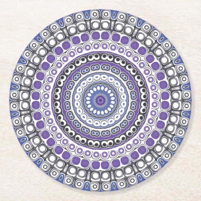 Blue and Purple Mandala Geometric Circular Pattern Round Paper Coaster (Front)