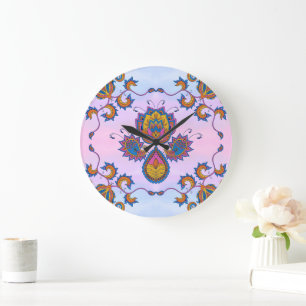 Blue and Purple Mehndi Art, Blue Floral Bliss Large Clock