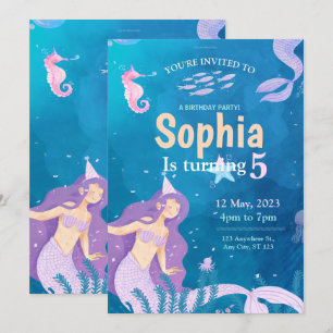 Blue and Purple Mermaid Birthday Party Invitation