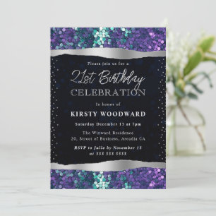 Blue and Purple Mermaid Sequins 21st Birthday Invitation