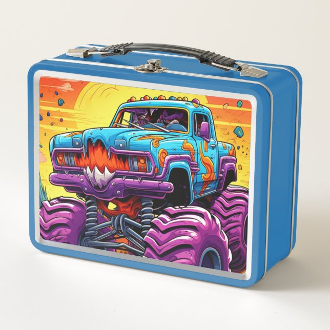 Blue and Purple Monster Truck Metal Lunch Box (Front)