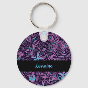 Blue and purple neon flowers key ring