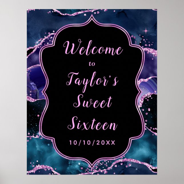 Blue and Purple Ocean Agate Sweet Sixteen Welcome Poster (Front)