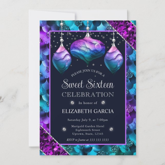 Blue and Purple Ombre Mermaid Ornaments Sweet 16 Invitation (Front)