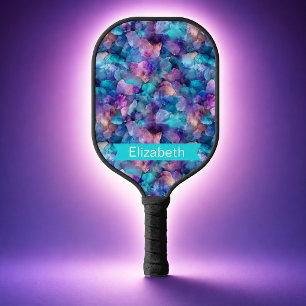 Blue and Purple Opal Crystal Personalised Pickleball Paddle