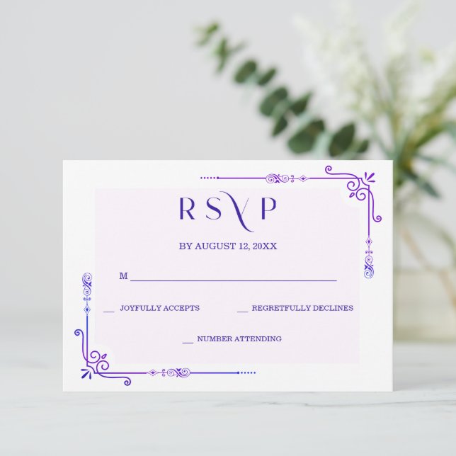  Blue and Purple Orchid Wedding RSVP Card (Standing Front)