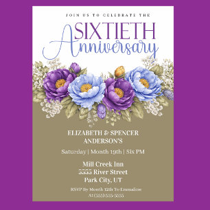Blue and Purple Peony 60th Wedding Anniversary Invitation
