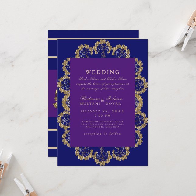 Blue and Purple Regal Indian Style Wedding   Invitation (Front/Back In Situ)