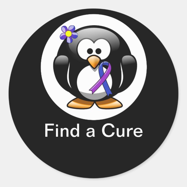 Blue and Purple Ribbon Penguin Classic Round Sticker (Front)