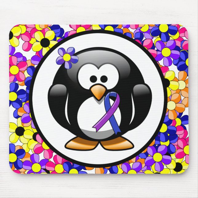 Blue and Purple Ribbon Penguin Mouse Mat (Front)