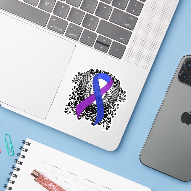 Blue and Purple Ribbon with Wings (Laptop w/ iPhone)