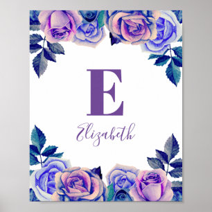 Blue and purple roses. Baby girl monogram. Nursery Poster