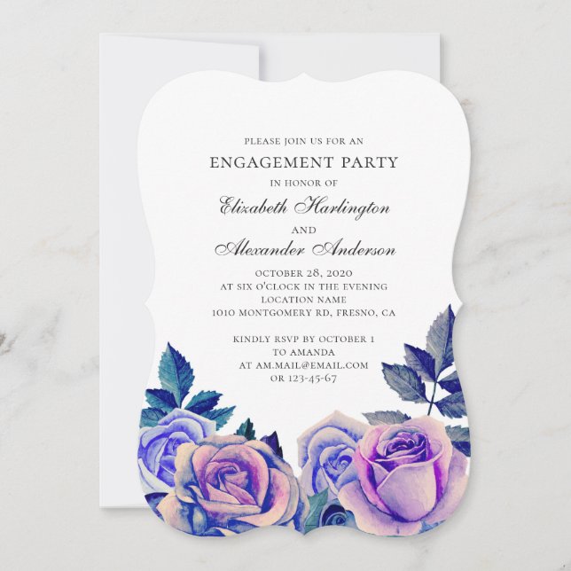 Blue and purple roses engagement party. Floral Invitation (Front)