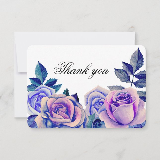 Blue and purple roses thank you. Floral wedding Thank You Card (Front)