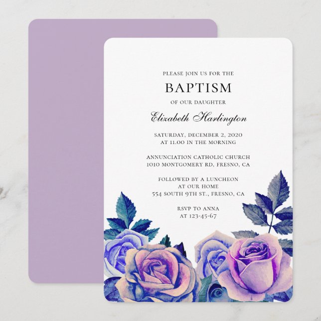 Blue and purple roses. Watercolor floral baptism Invitation (Front/Back)