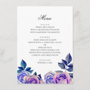 Blue and purple roses. Watercolor floral wedding Menu