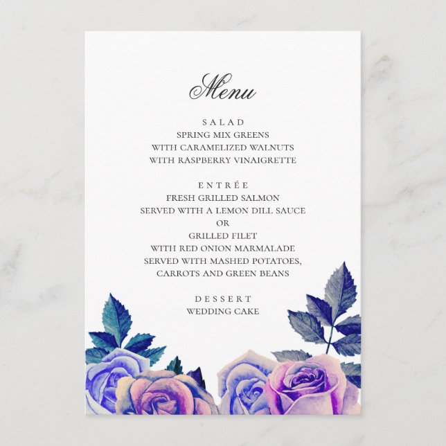 Blue and purple roses. Watercolor floral wedding Menu (Front)