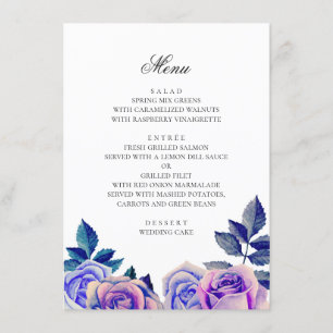 Blue and purple roses. Watercolor floral wedding Menu