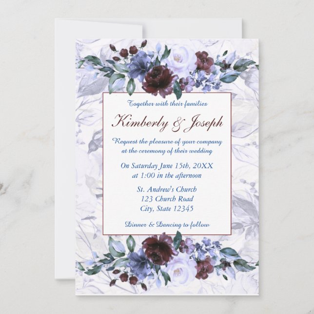 Blue and Purple Roses Wedding Invitation (Front)