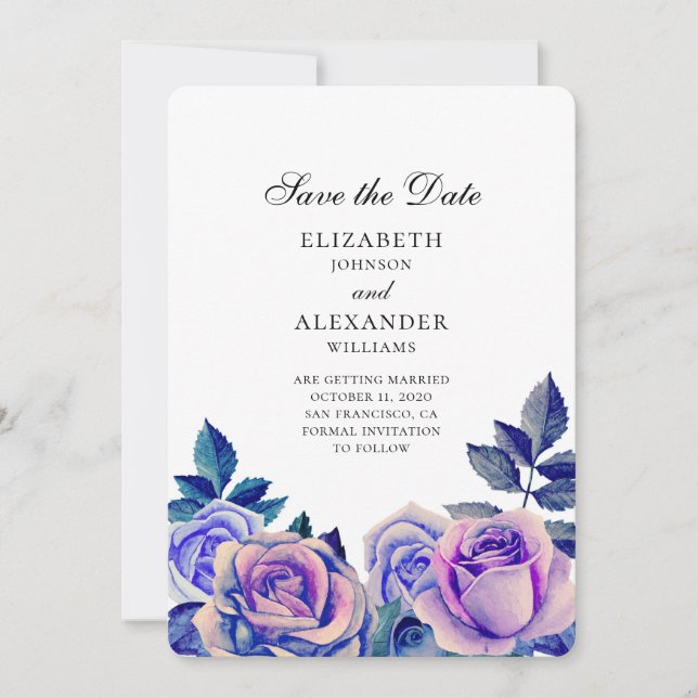 Blue and purple roses wedding save the date (Front)