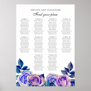 Blue and purple roses. Wedding seating chart