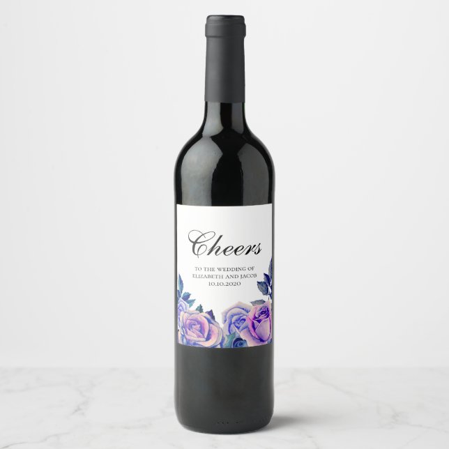 Blue and purple roses wine label. Cheers wedding Wine Label (Front)