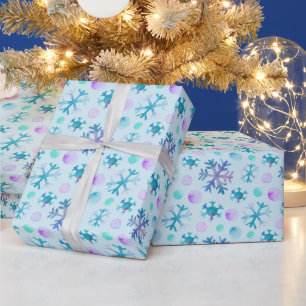 Blue and Purple Snowflakes Modern Green Christmas Wrapping Paper