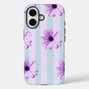 blue and purple striped daisy pattern iPhone 16 case