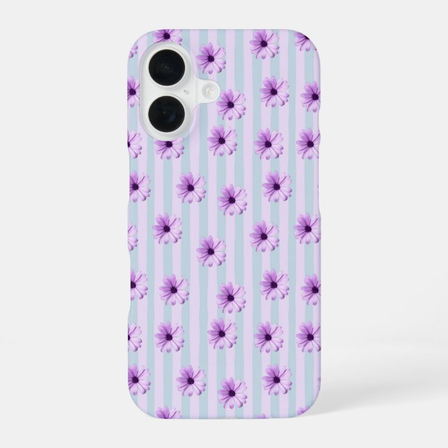 blue and purple striped daisy pattern iPhone 16 case (Back)