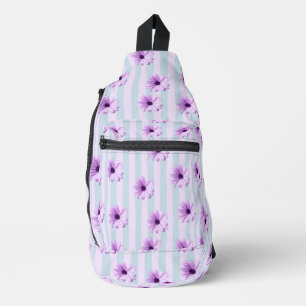 blue and purple striped daisy pattern sling bag