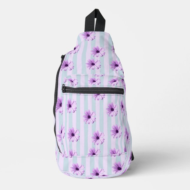 blue and purple striped daisy pattern sling bag (Front)