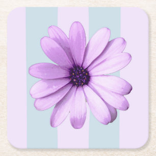 blue and purple striped daisy pattern square paper coaster