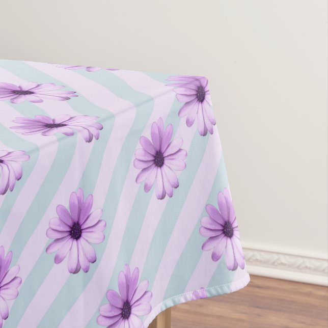 blue and purple striped daisy pattern tablecloth (In Situ)