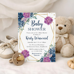 Blue and Purple Summer Flowers Frame Baby Shower Invitation