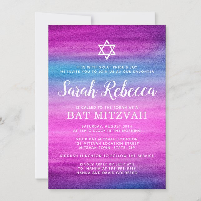 Blue and purple watercolor bat mitzvah invitation (Front)