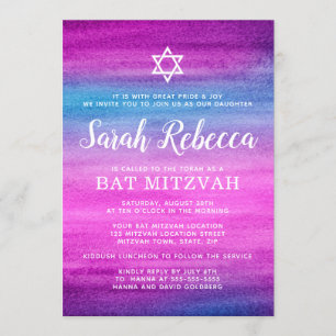 Blue and purple watercolor bat mitzvah invitation