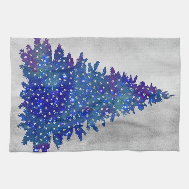 Blue and Purple watercolor christmas tree Tea Towel (Horizontal)