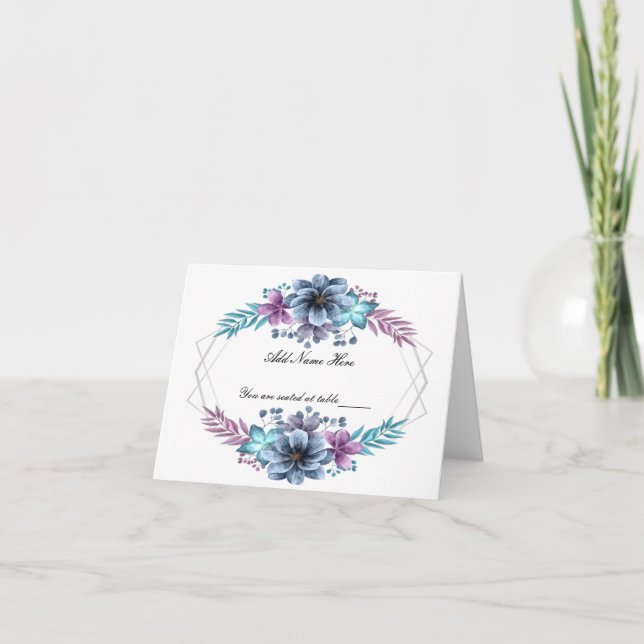 Blue And Purple Watercolor Floral Table Place Card (Front)