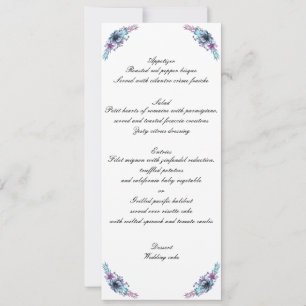 Blue And Purple Watercolor Floral Wedding Menu Invitation