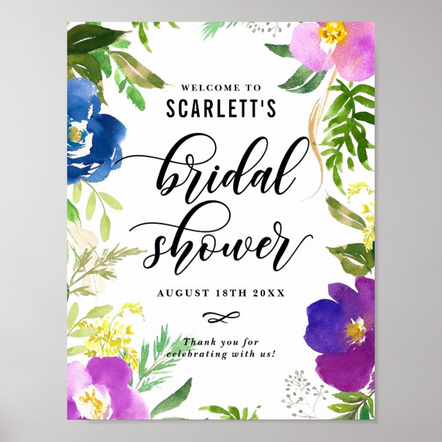 Blue and Purple Watercolor Flowers Bridal Shower Poster (Front)
