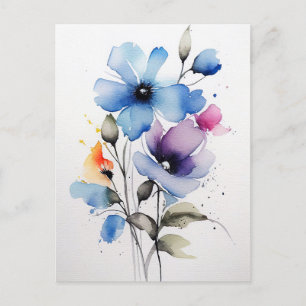 Blue and Purple Watercolor Flowers Postcard