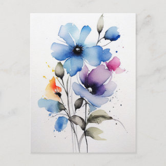 Blue and Purple Watercolor Flowers Postcard
