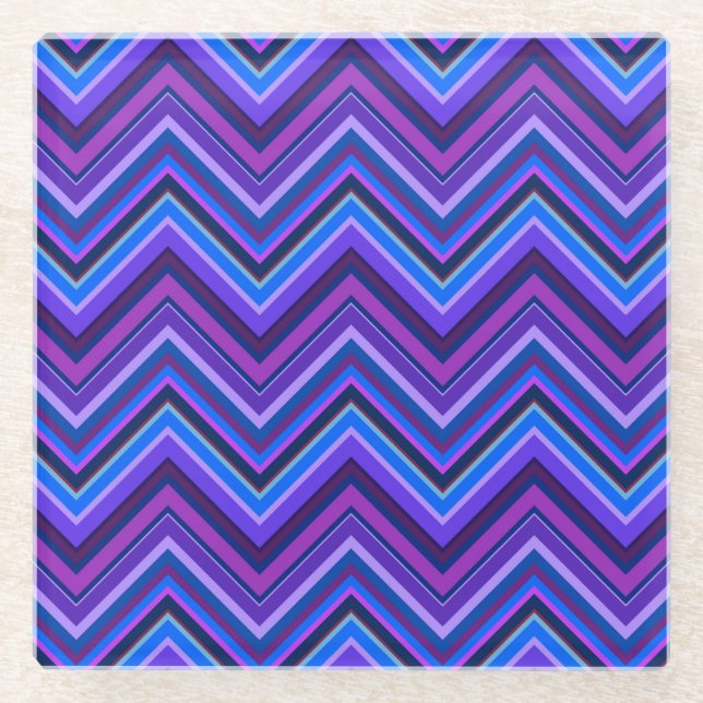 Blue and purple zigzag stripes glass coaster (Front)