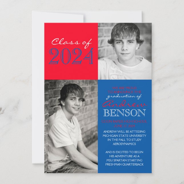 Blue and Red 2 Photo Graduation Announcement (Front)