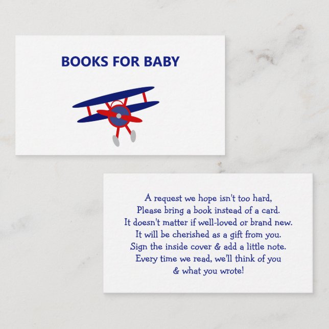 Blue and Red Aeroplane Baby Shower Books for Baby Enclosure Card (Front/Back)