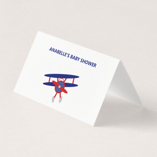 Blue and Red Aeroplane Baby Shower Place Card (Front)