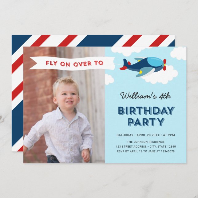 Blue and Red Aeroplane Photo Birthday Party Invitation (Front/Back)